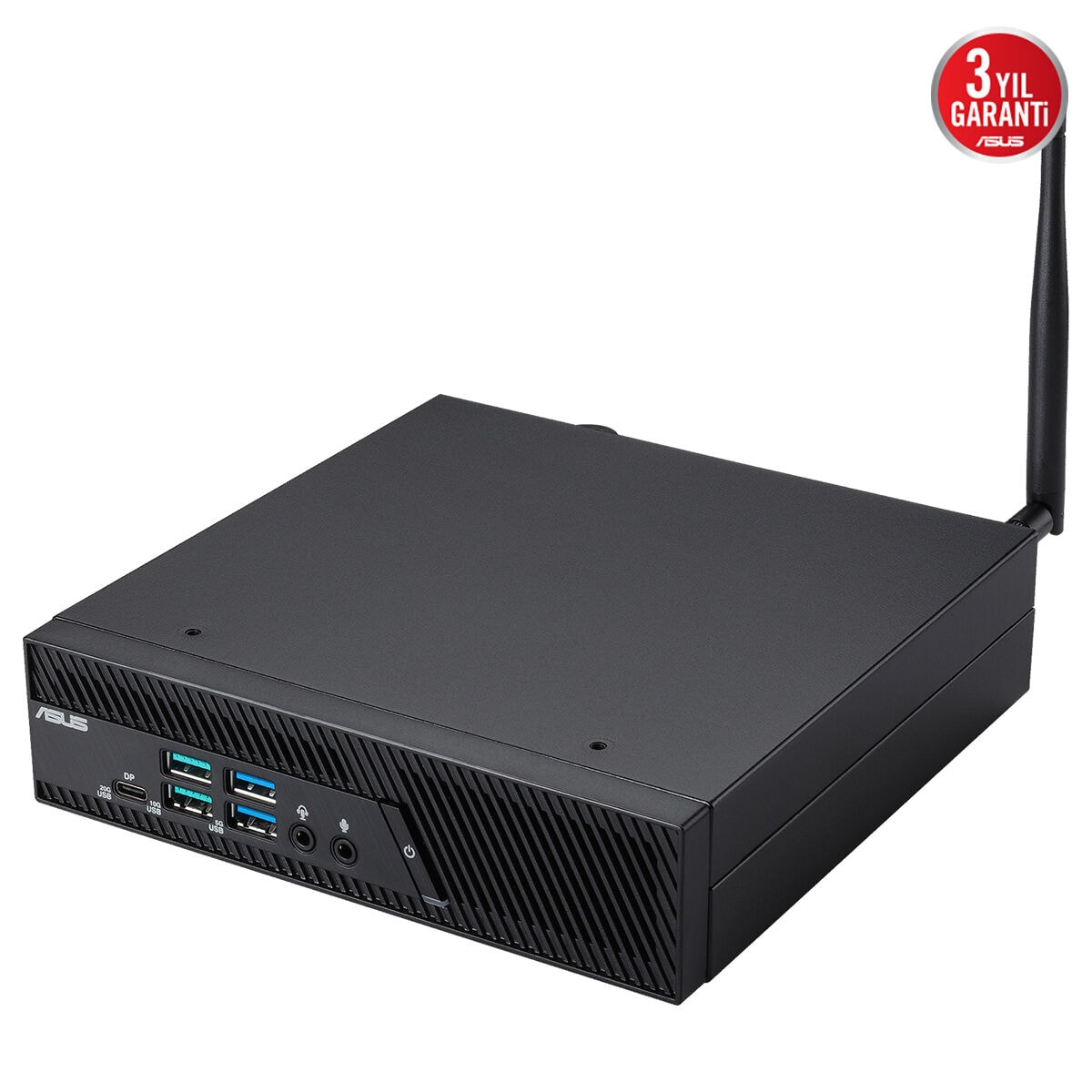 Antenli ve garanti damgalı siyah mini PC beyaz zeminde.