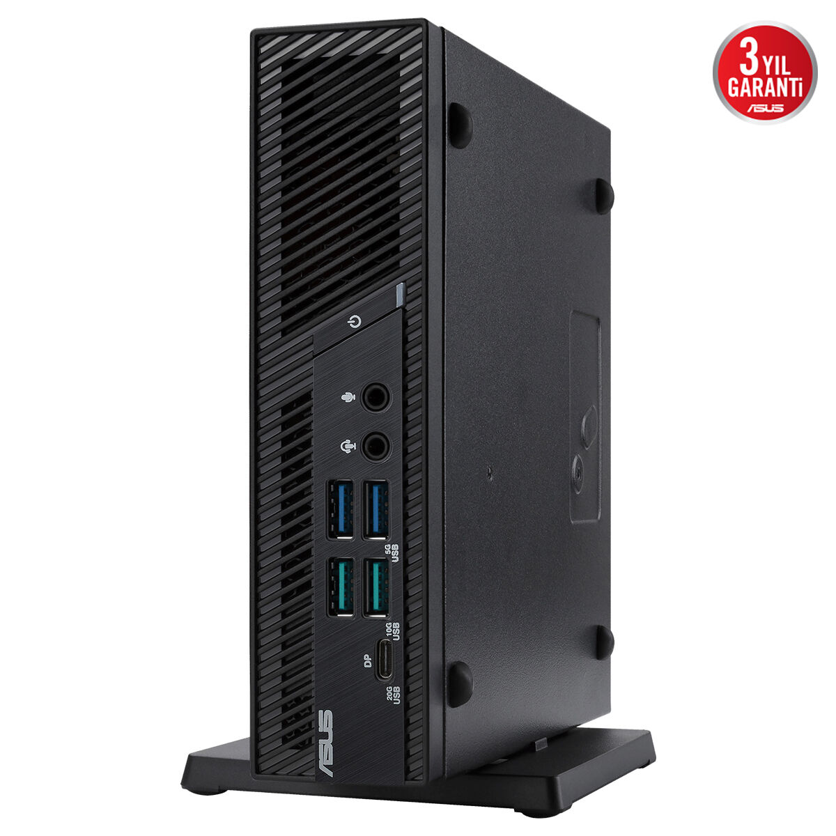 Sağ üstte 3 yıl garantiyi gösteren kırmızı mühürlü siyah mini PC.