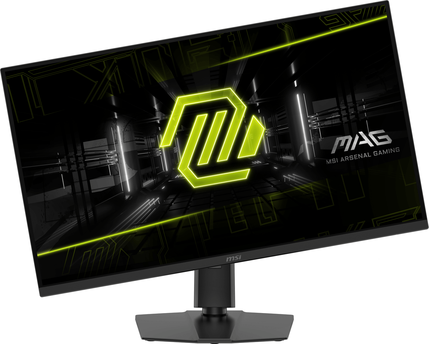 Un monitor gaming MSI negro muestra un logo verde brillante sobre un fondo futurista.