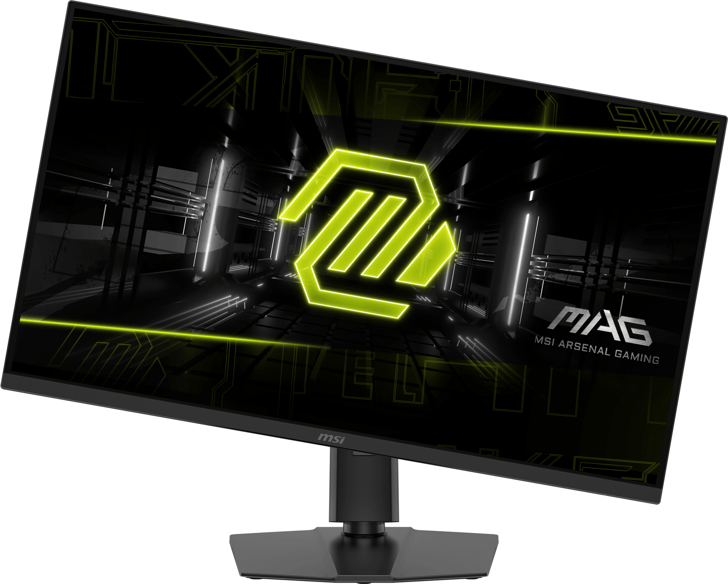 Monitor gaming MSI negro con logo verde brillante y fondo geométrico.
