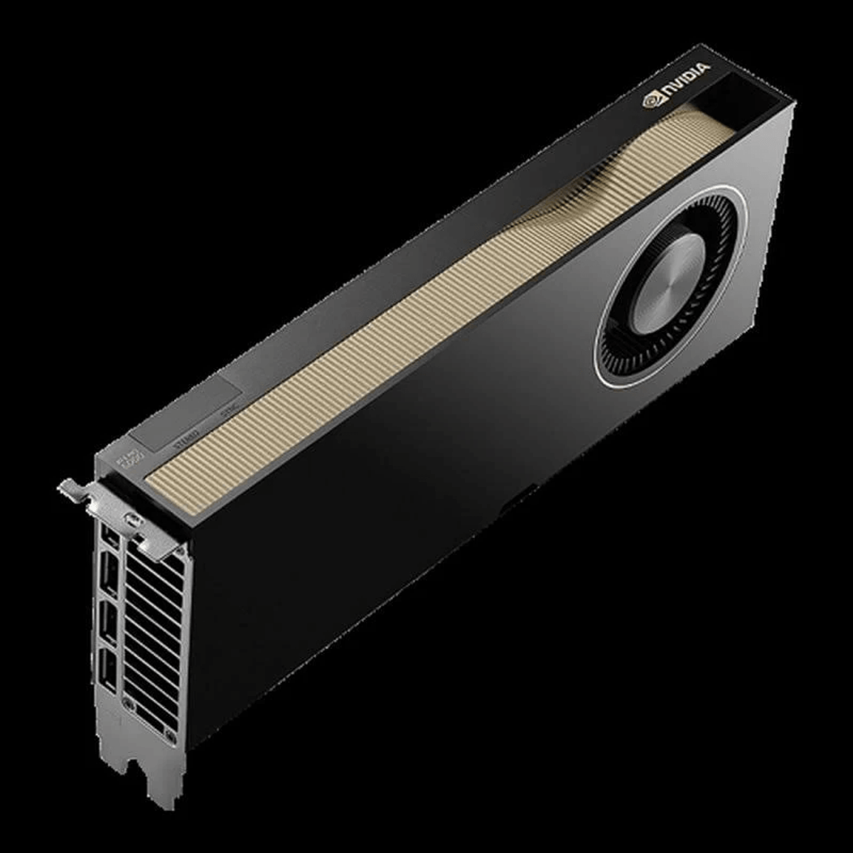 Ein schwarzes Computer-Grafikkarte mit goldenen Lüftungsschlitzen und Lüfter.