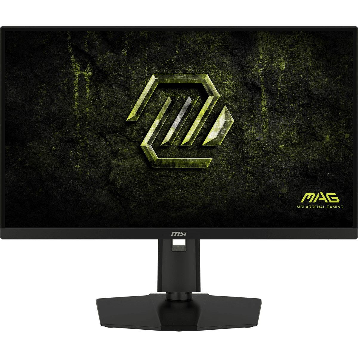 Un monitor gaming MSI negro con logo amarillo-verde sobre fondo oscuro.