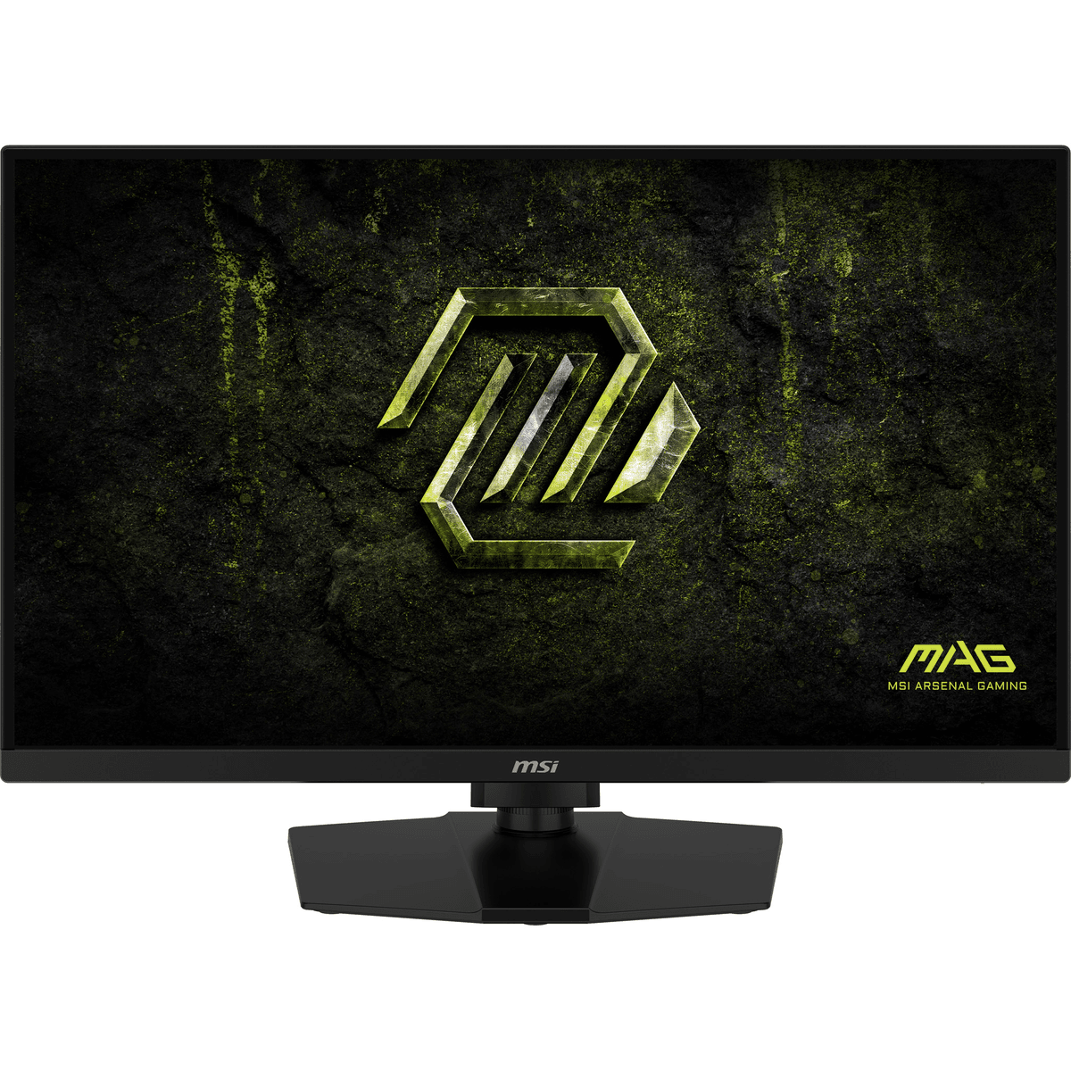 Monitor gaming negro con logo verde brillante sobre fondo oscuro tipo piedra.