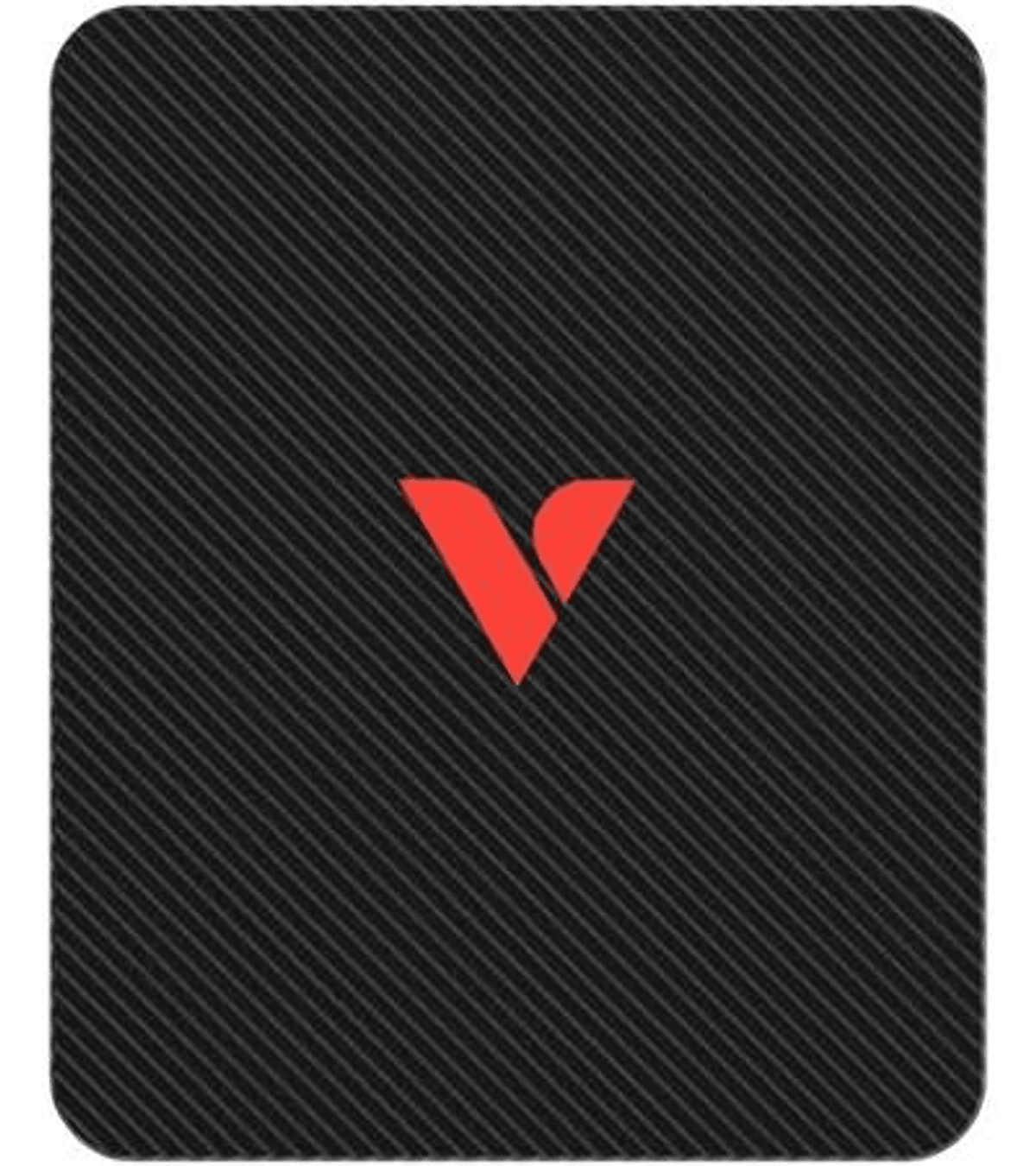 Rectángulo negro con logo V rojo y patrón de carbono.