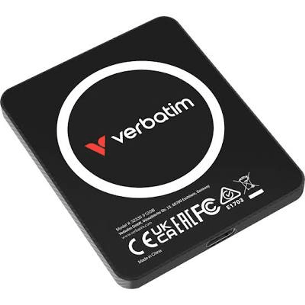 Dispositivo de almacenamiento negro con logo Verbatim, marcas CE y UKCA.