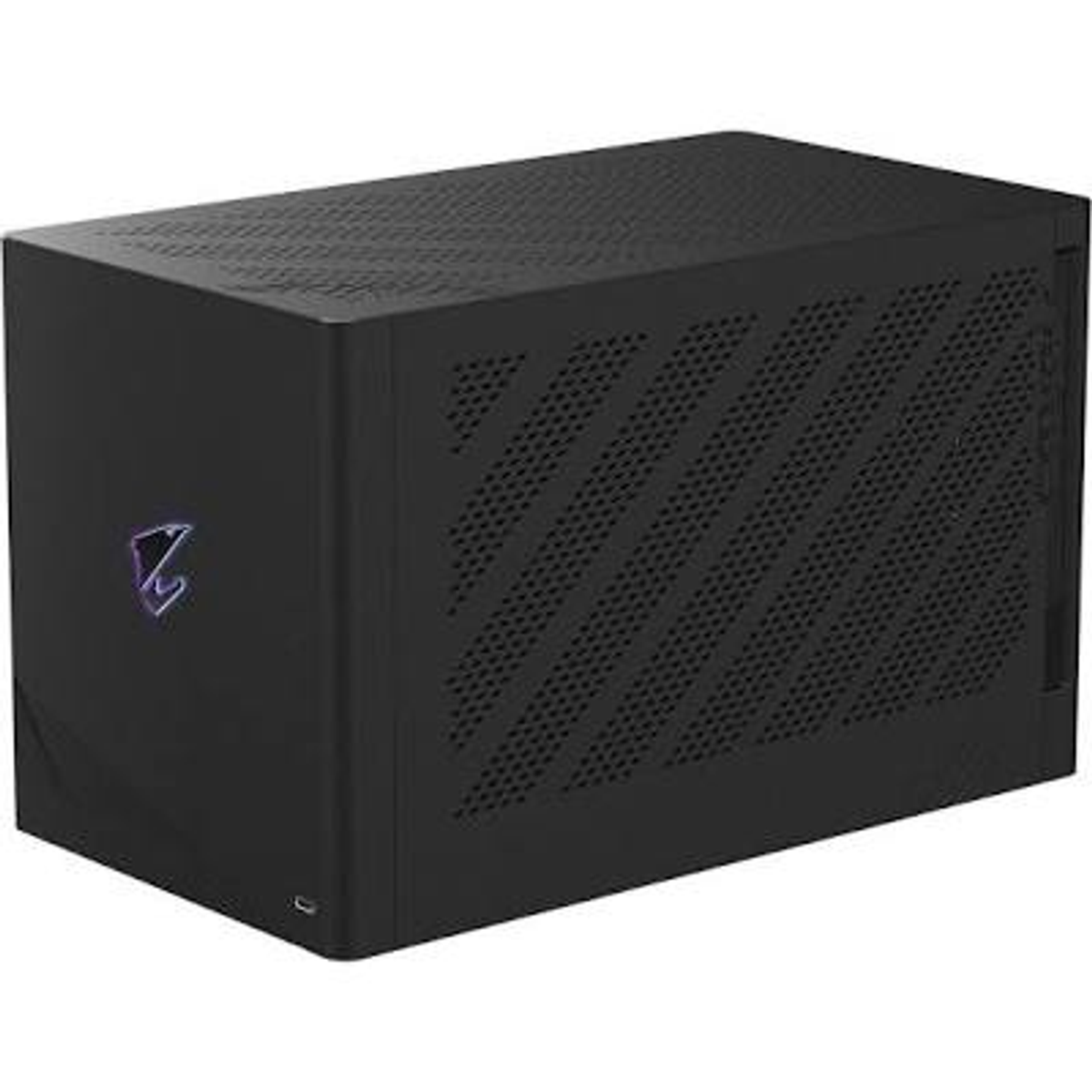 Case nero per computer con logo viola sul lato e prese d'aria perforate.