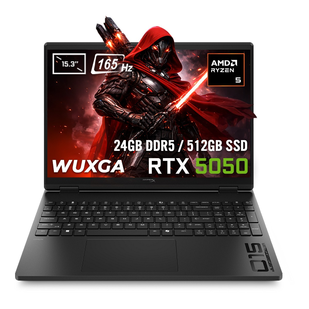 15,3 inç ekranlı siyah dizüstü bilgisayar, AMD Ryzen 5, 24 GB DDR5, 512 GB SSD.