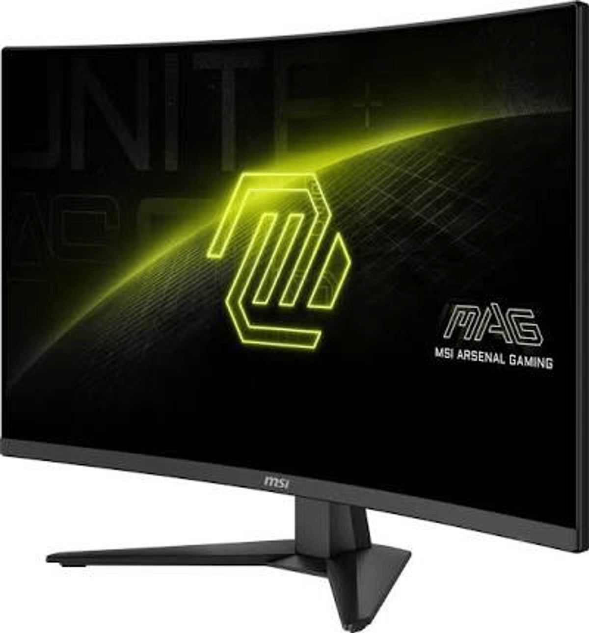 Monitor curvo para juegos MSI MAG con logo y texto verde neón en pantalla negra.