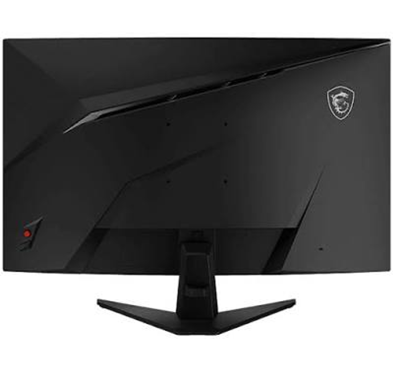 La parte trasera de un monitor gaming MSI negro con logo MSI plateado.
