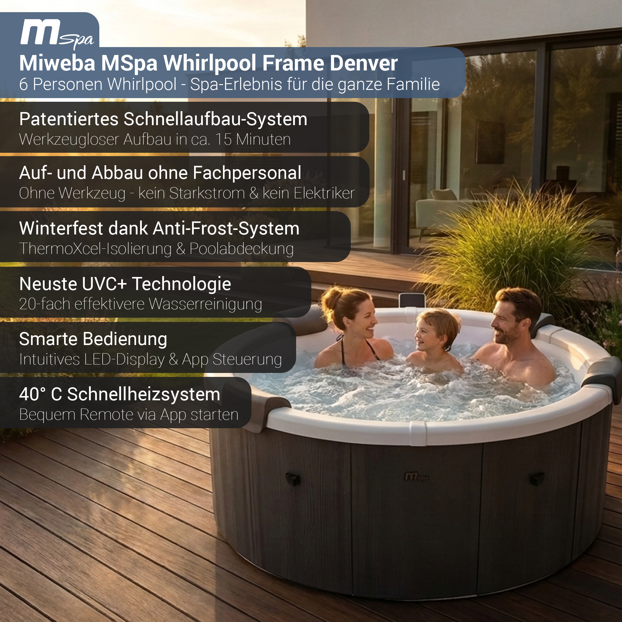 Familie genießt Whirlpool im Freien mit Text über schnelle Montage und Technologie.