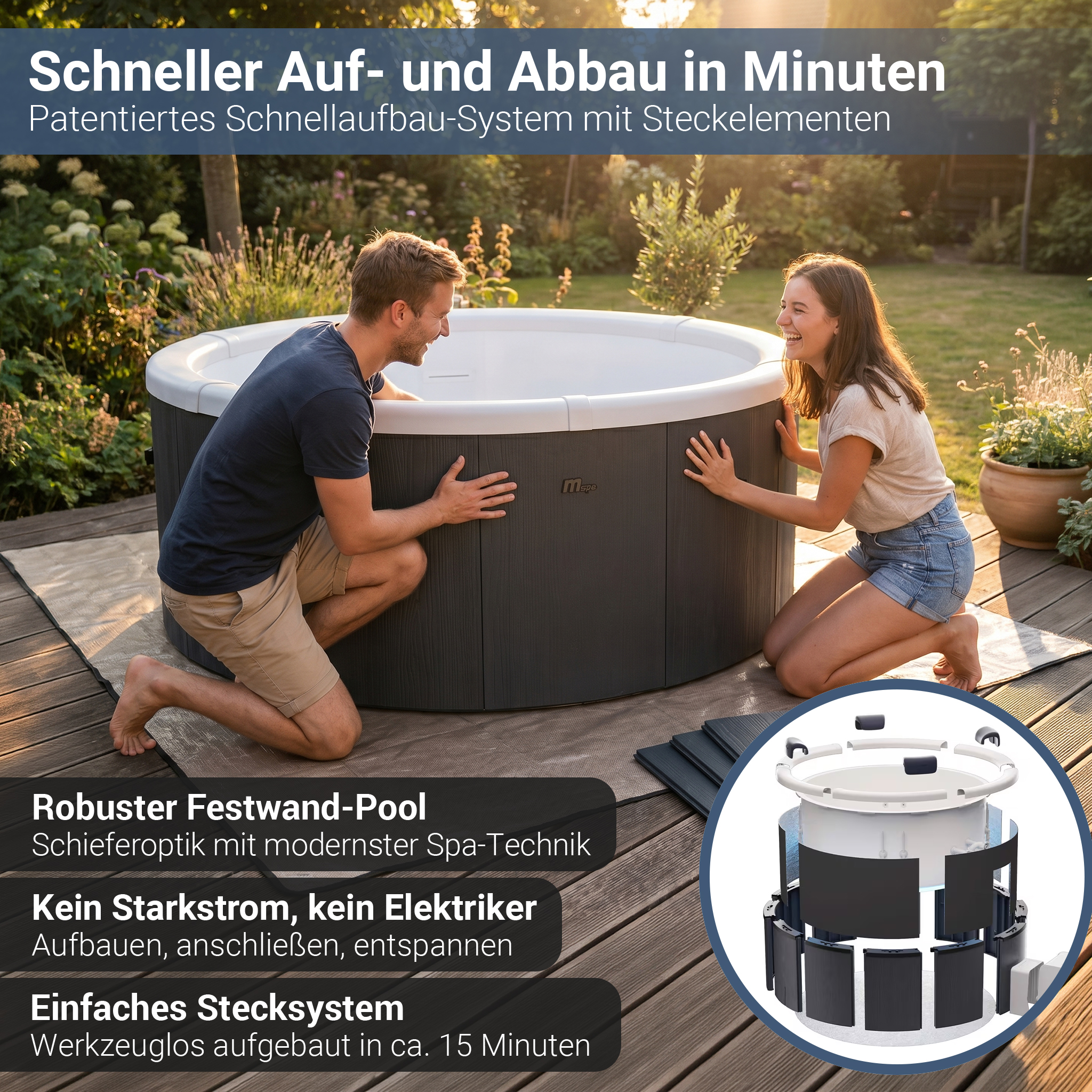 Ein Paar baut einen dunklen Whirlpool im Garten auf. Ein Diagramm zeigt das Stecksystem.