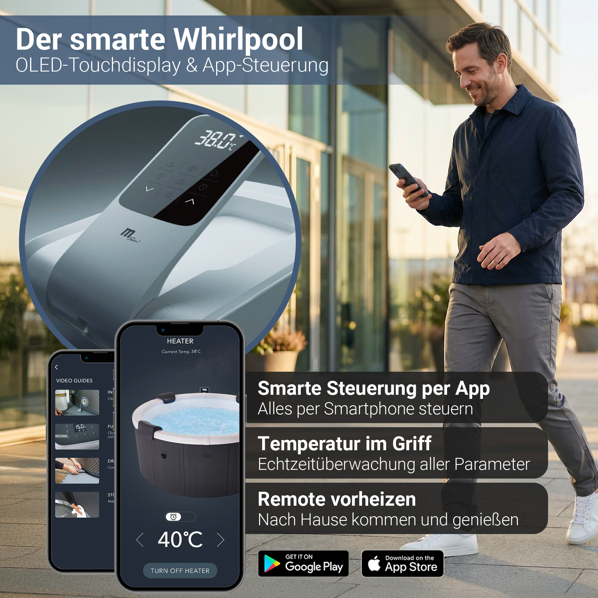 Mann mit Smartphone steuert Whirlpool per App. Nahaufnahme des Displays.