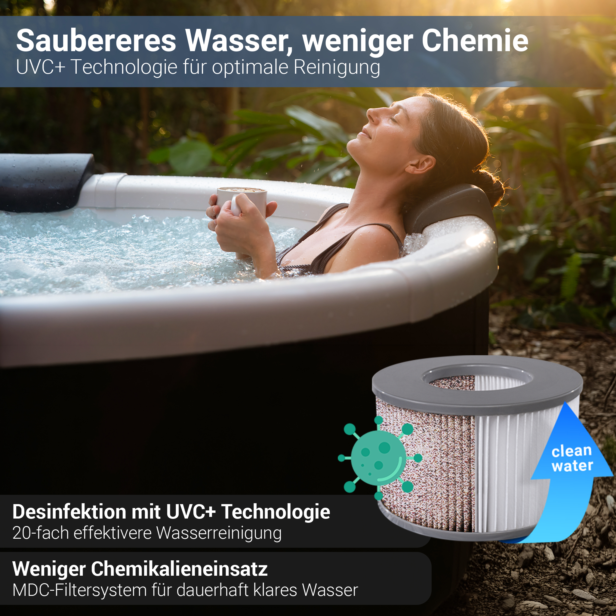 Frau im Whirlpool genießt Tasse, Filter zeigt sauberes Wasser.