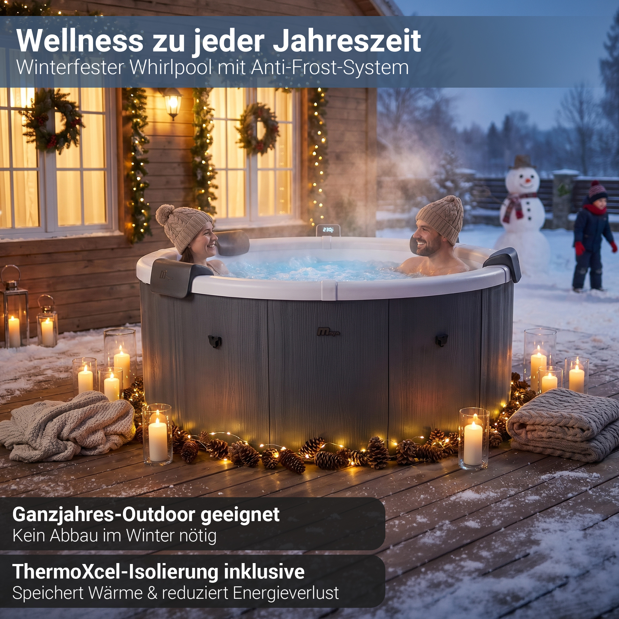 Ein Paar entspannt in einem Whirlpool im Schnee, dekoriert mit Lichtern und Kerzen.