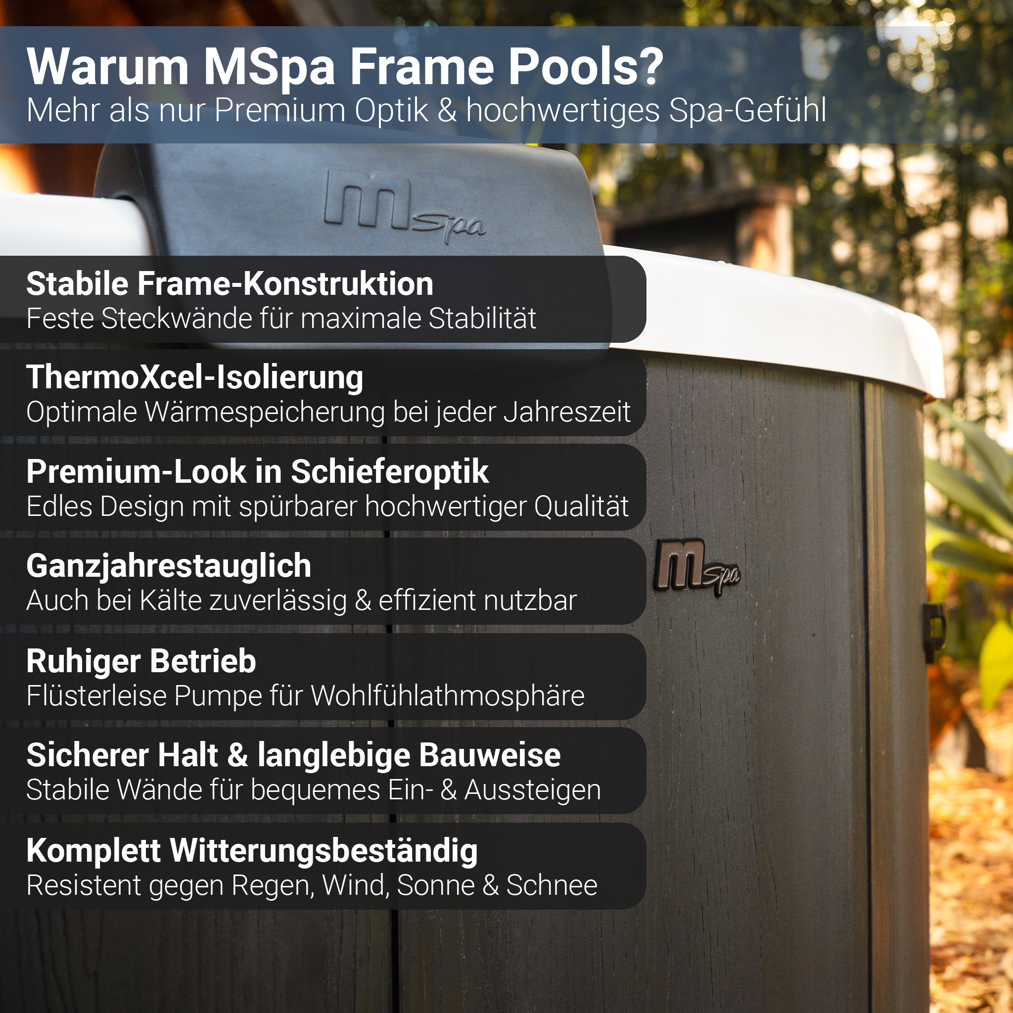 Ein dunkler MSpa Whirlpool mit der Aufschrift "Warum MSpa Frame Pools?" und seinen Vorteilen.