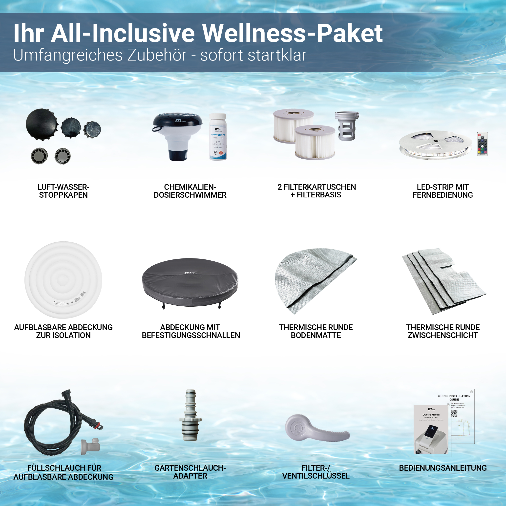 Anzeige von Wellness-Paket-Zubehör: Luftstoppkappen, Chemikalienschwimmer, Filter, LED-Streifen, Abdeckungen, Matte, Schläuche, Adapter, Schlüssel, Anleitung.