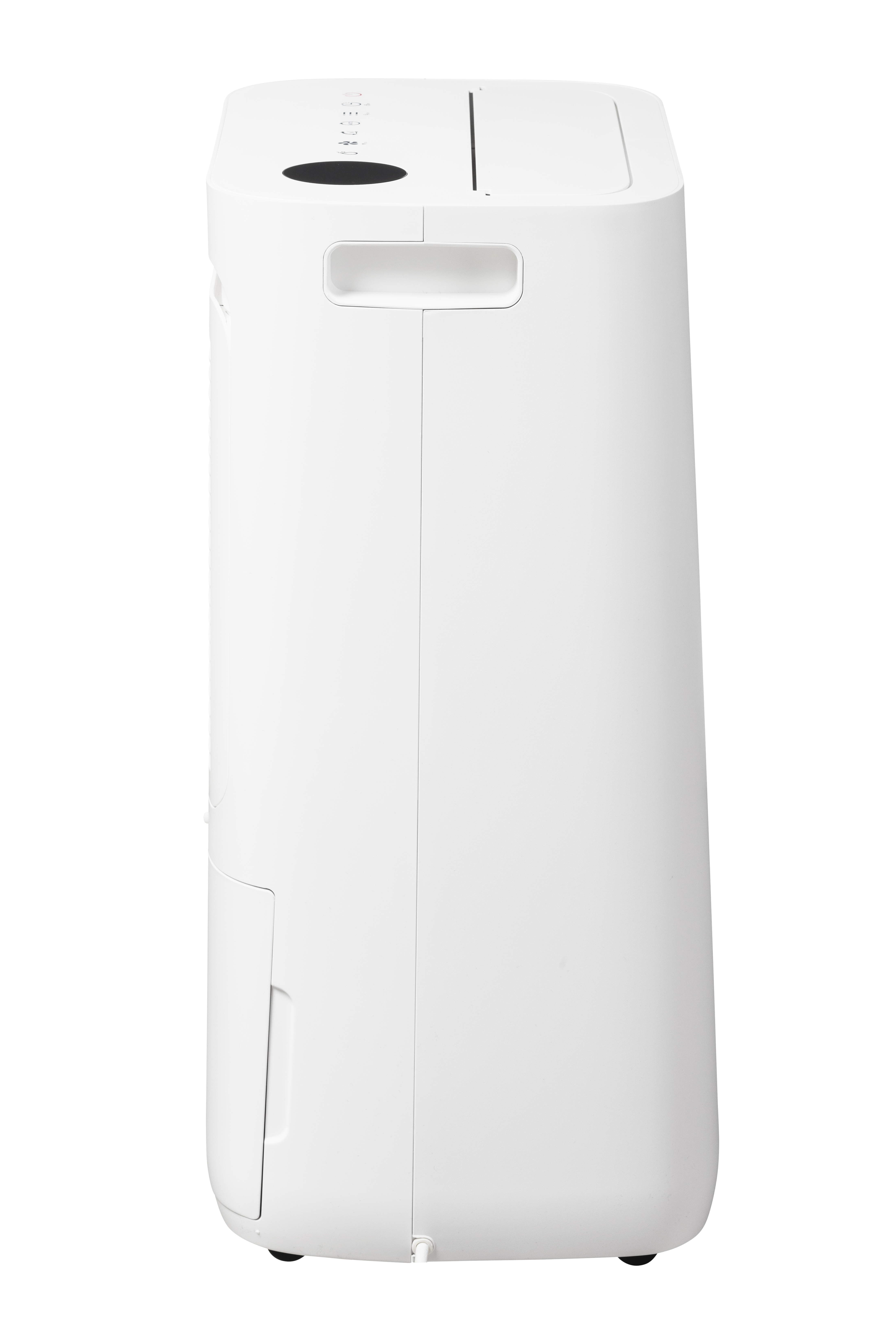 A white dehumidifier with handles and controls on top.