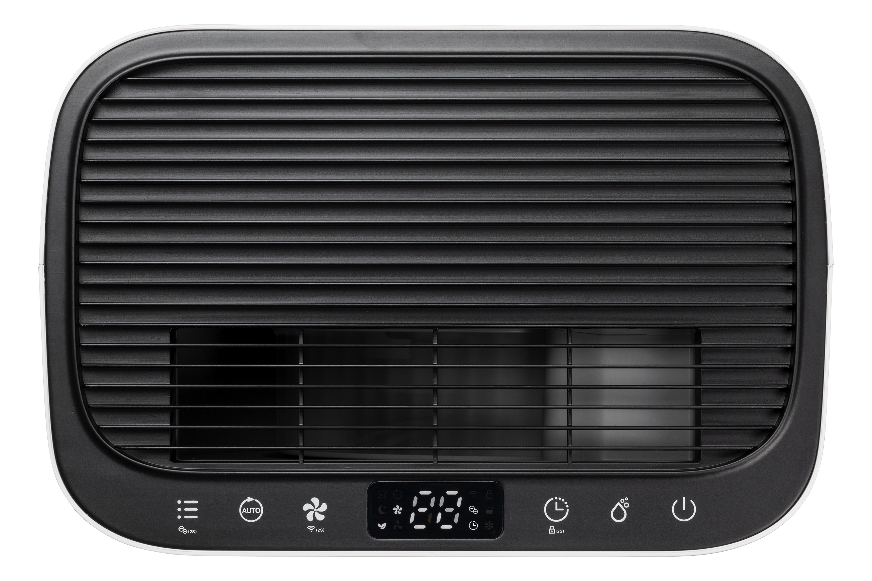 A white dehumidifier with a black vented top and control panel.