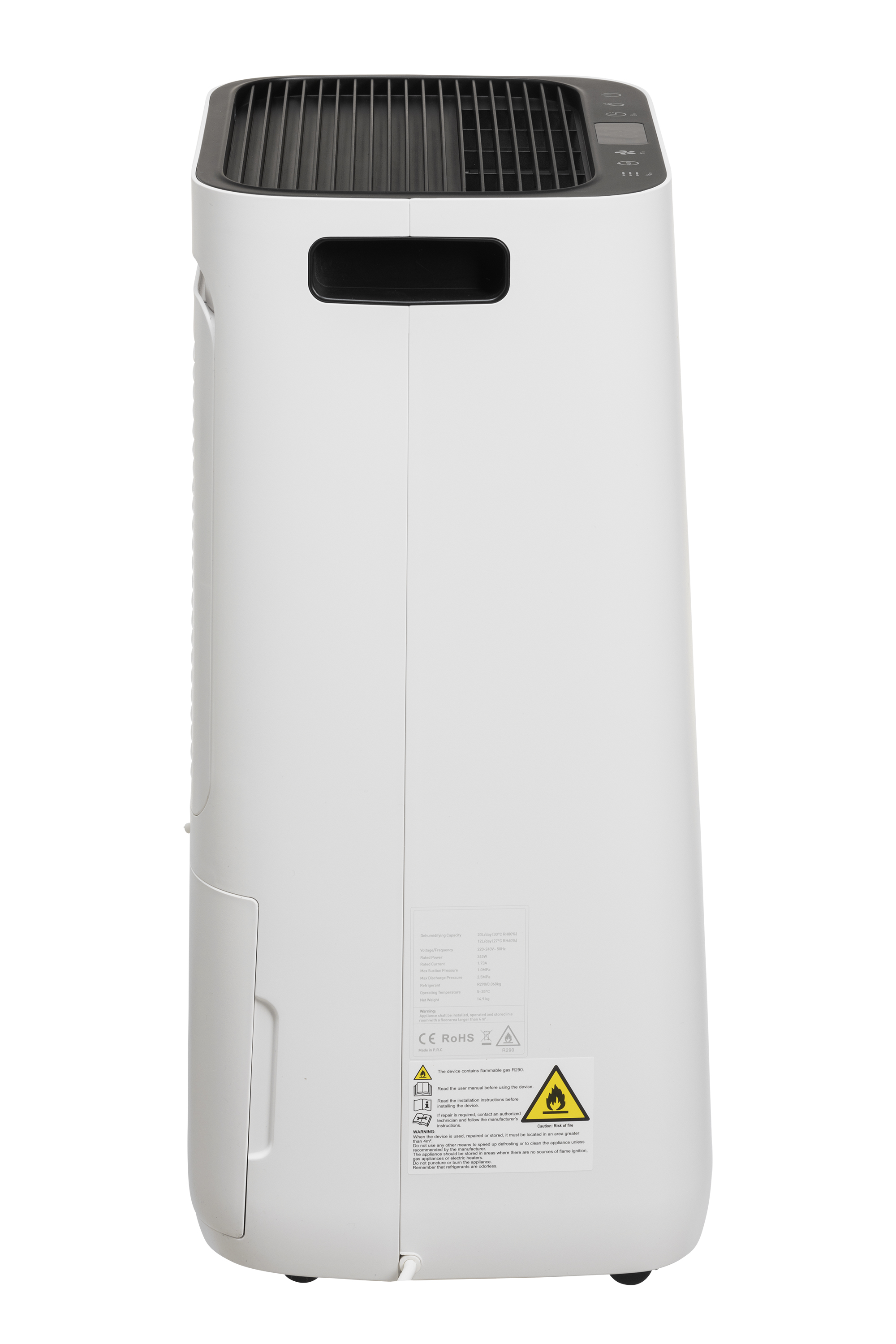 A white dehumidifier with a black grille on top and a control panel.