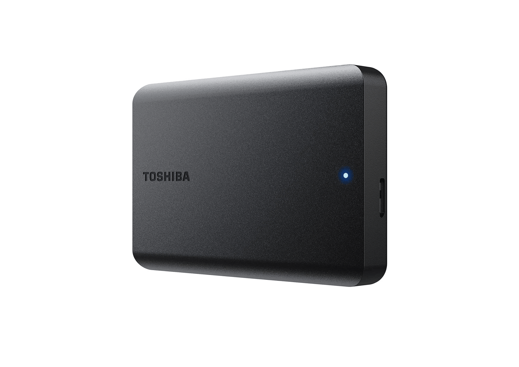 Hard disk esterno Toshiba nero con spia blu.
