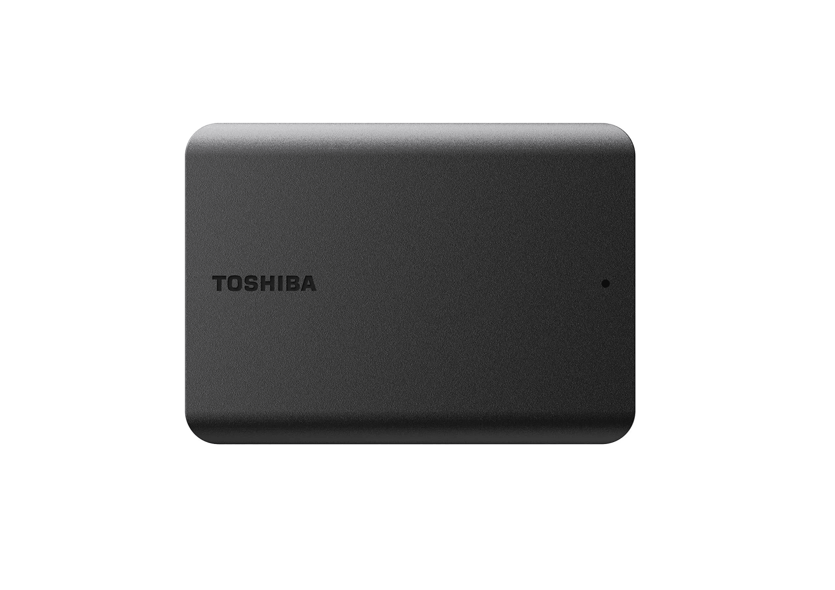 Un hard disk esterno Toshiba nero su sfondo bianco.
