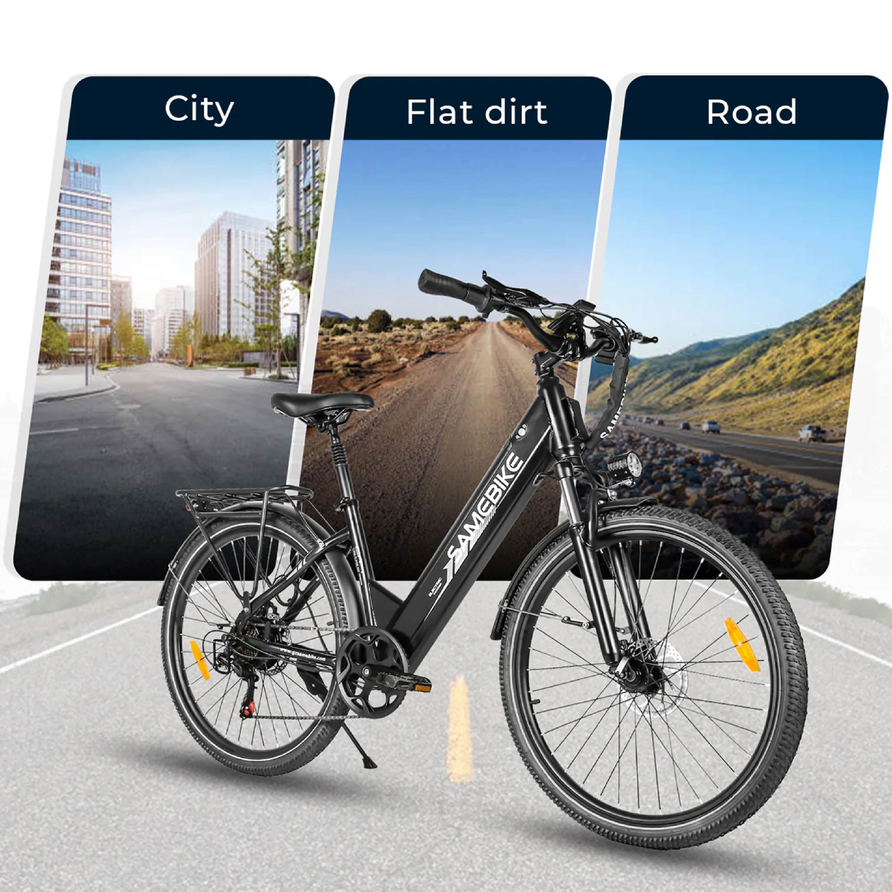 Una bicicleta eléctrica negra con portabultos, mostrada en tres entornos: ciudad, camino de tierra y carretera.