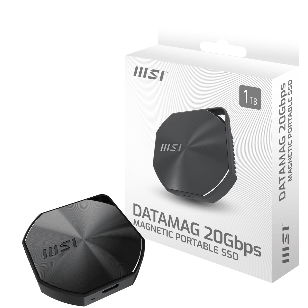 SSD portátil negro con logo MSI en caja y dispositivo.