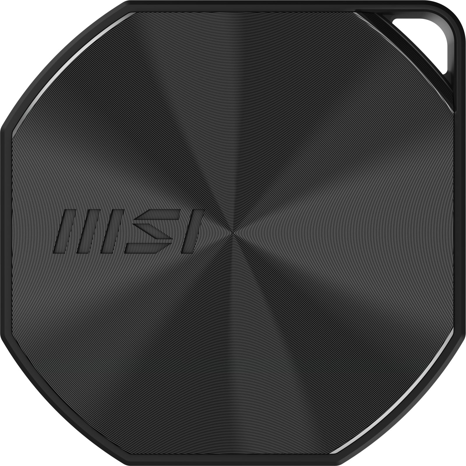 Un objeto octogonal negro con círculos concéntricos y un logo de MSI.