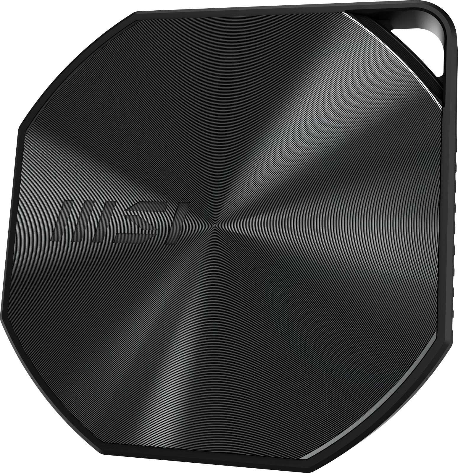 Un altavoz MSI negro octogonal con anillos concéntricos y logo.