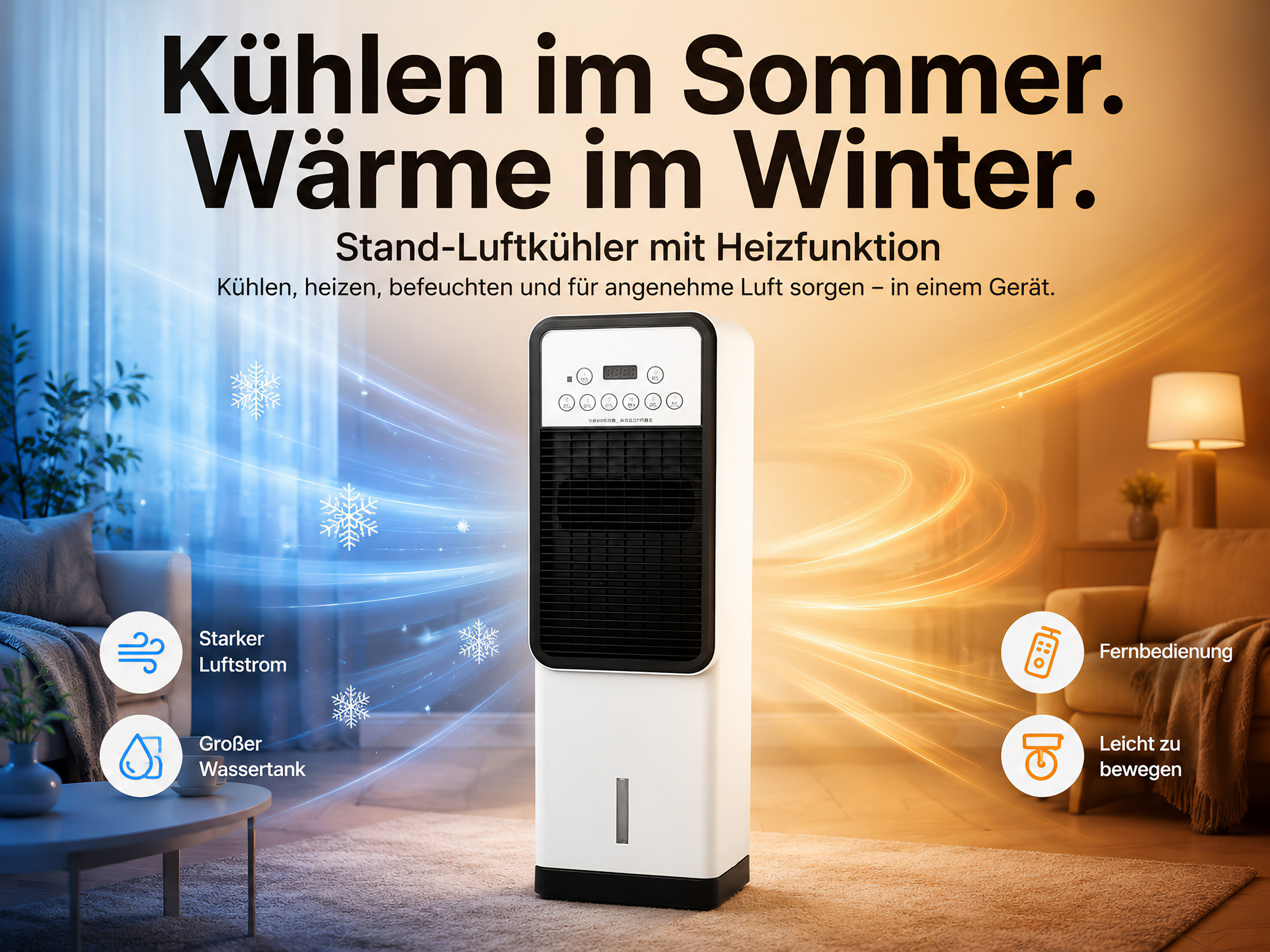 Ein weißer Luftkühler mit Heizfunktion steht in einem Wohnzimmer. Blaue und orangefarbene Luftströme symbolisieren Kühlen und Heizen.