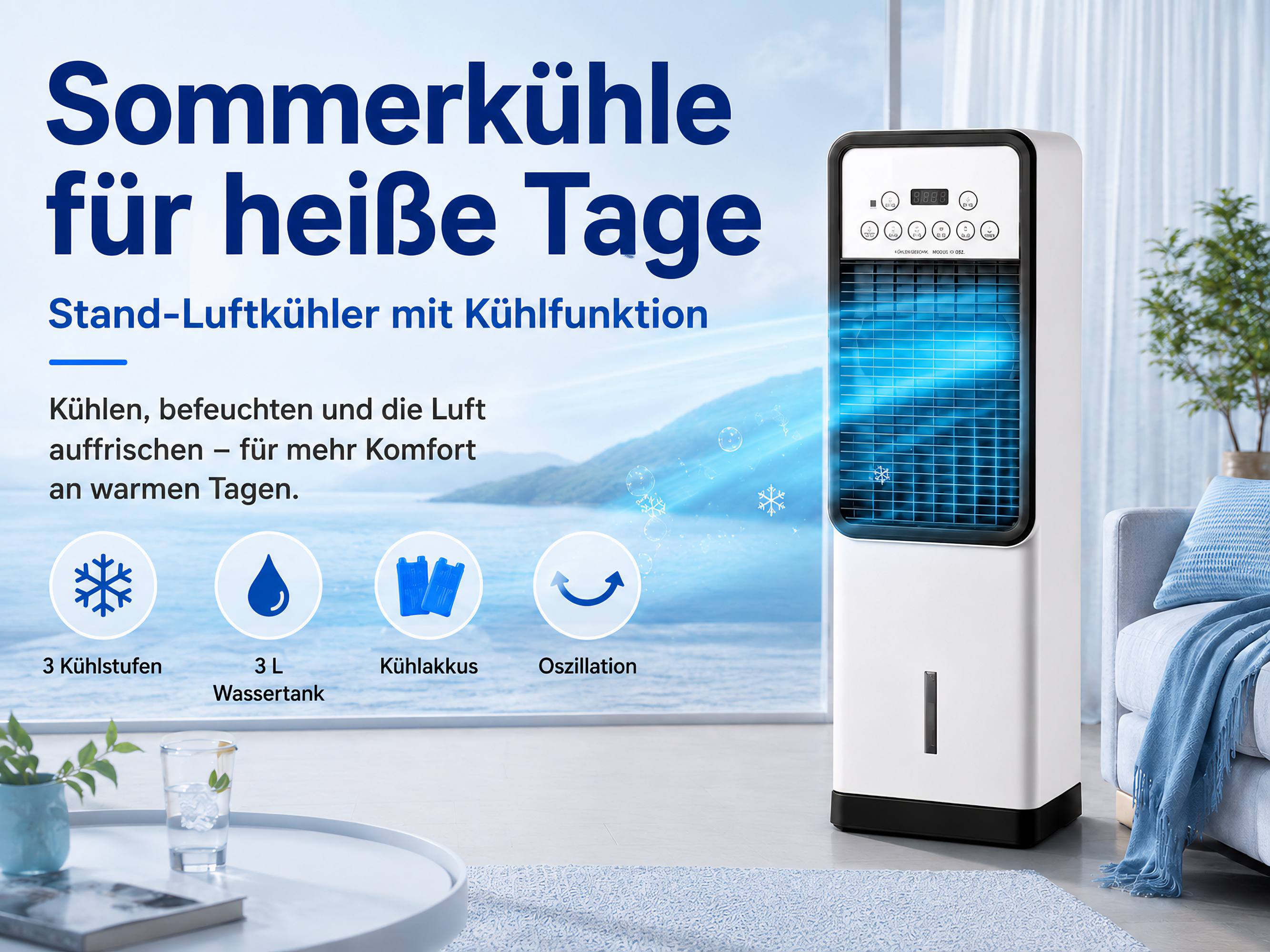 Ein weißer Stand-Luftkühler mit blauen Akzenten steht neben einem Sofa.