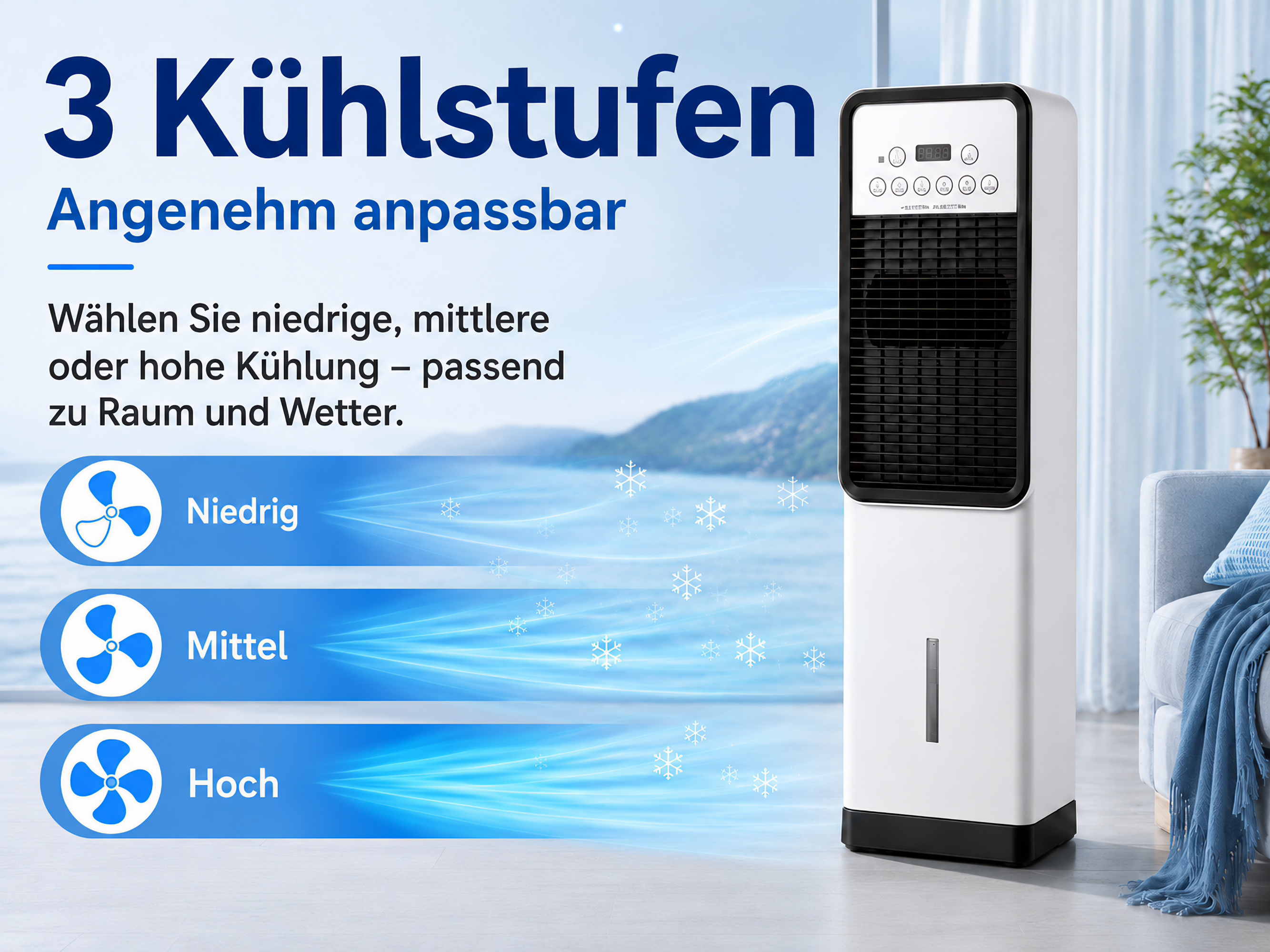 Ein weißer Luftkühler mit 3 Stufen: Niedrig, Mittel, Hoch. Blaue Lüftersymbole.