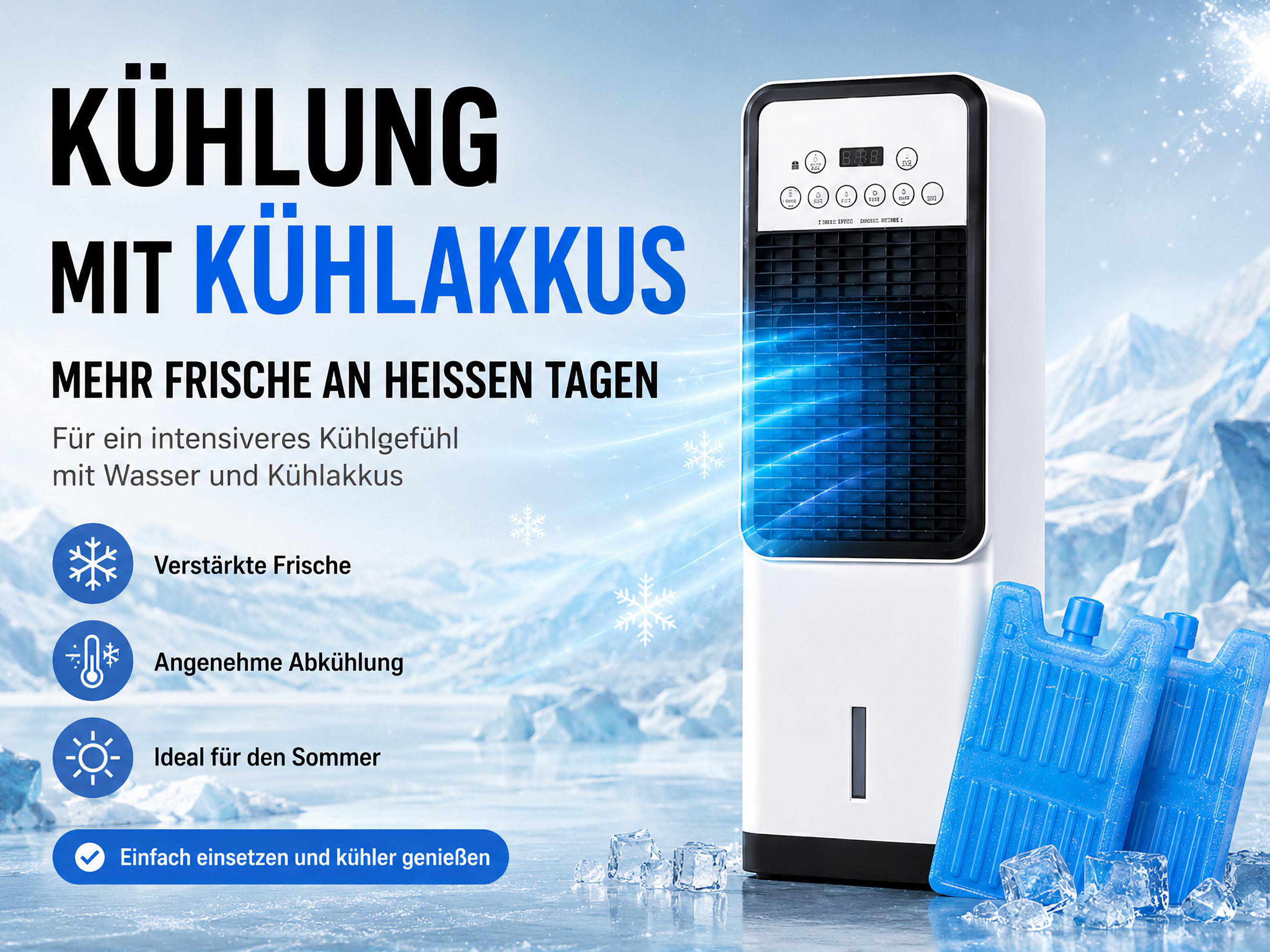 Ein weißer Kühler mit blauen Kühlakkus vor eisiger Bergkulisse.