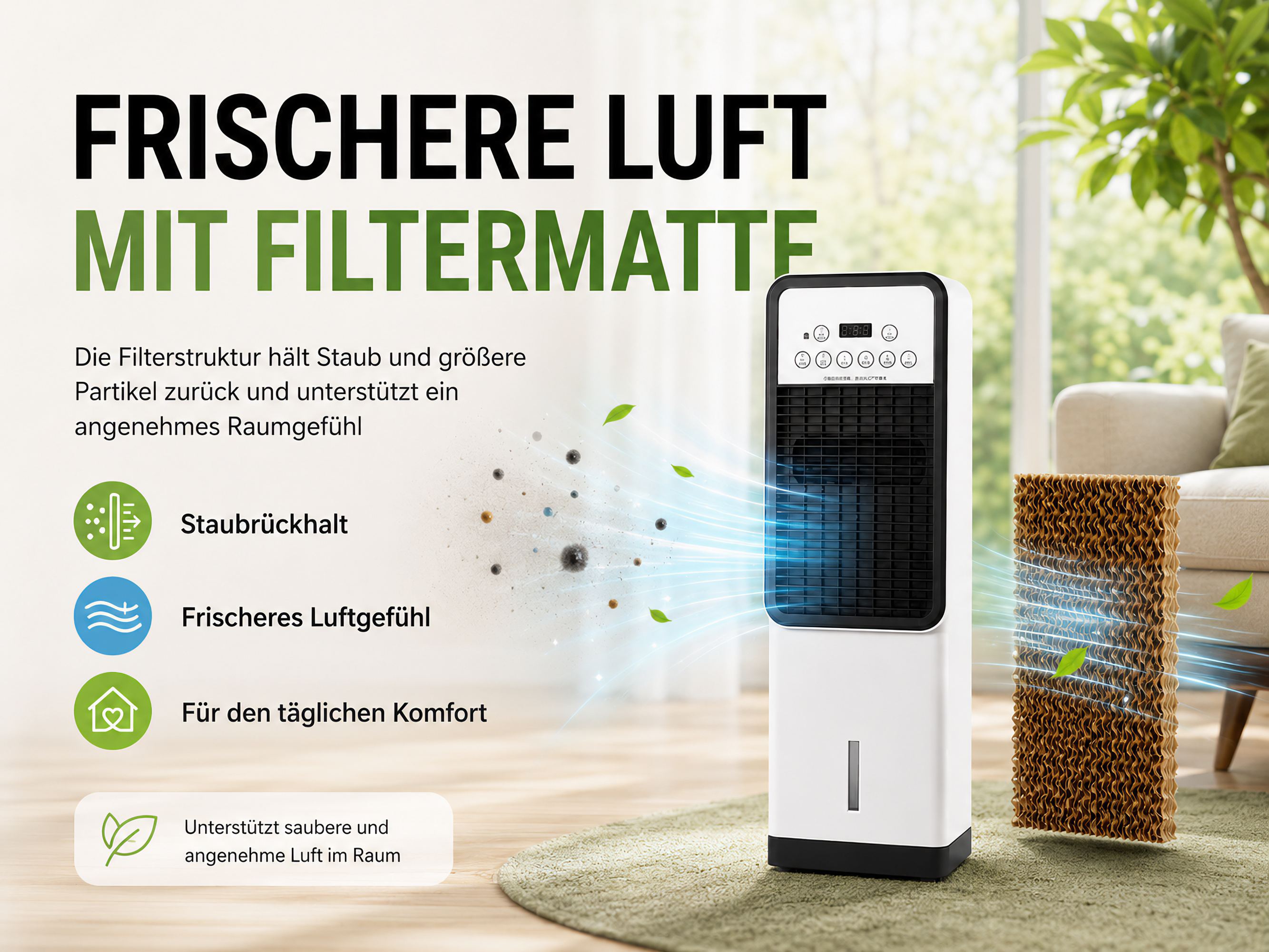 Ein Luftkühler mit Filtermatte, der Staub filtert und frische Luft für den Raum erzeugt.