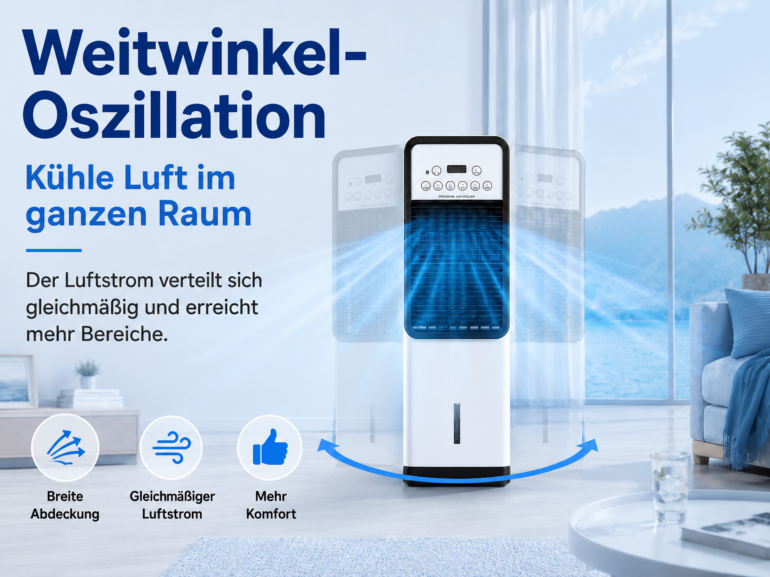 Ein weißer Luftkühler mit breiter Oszillation kühlt den Raum.