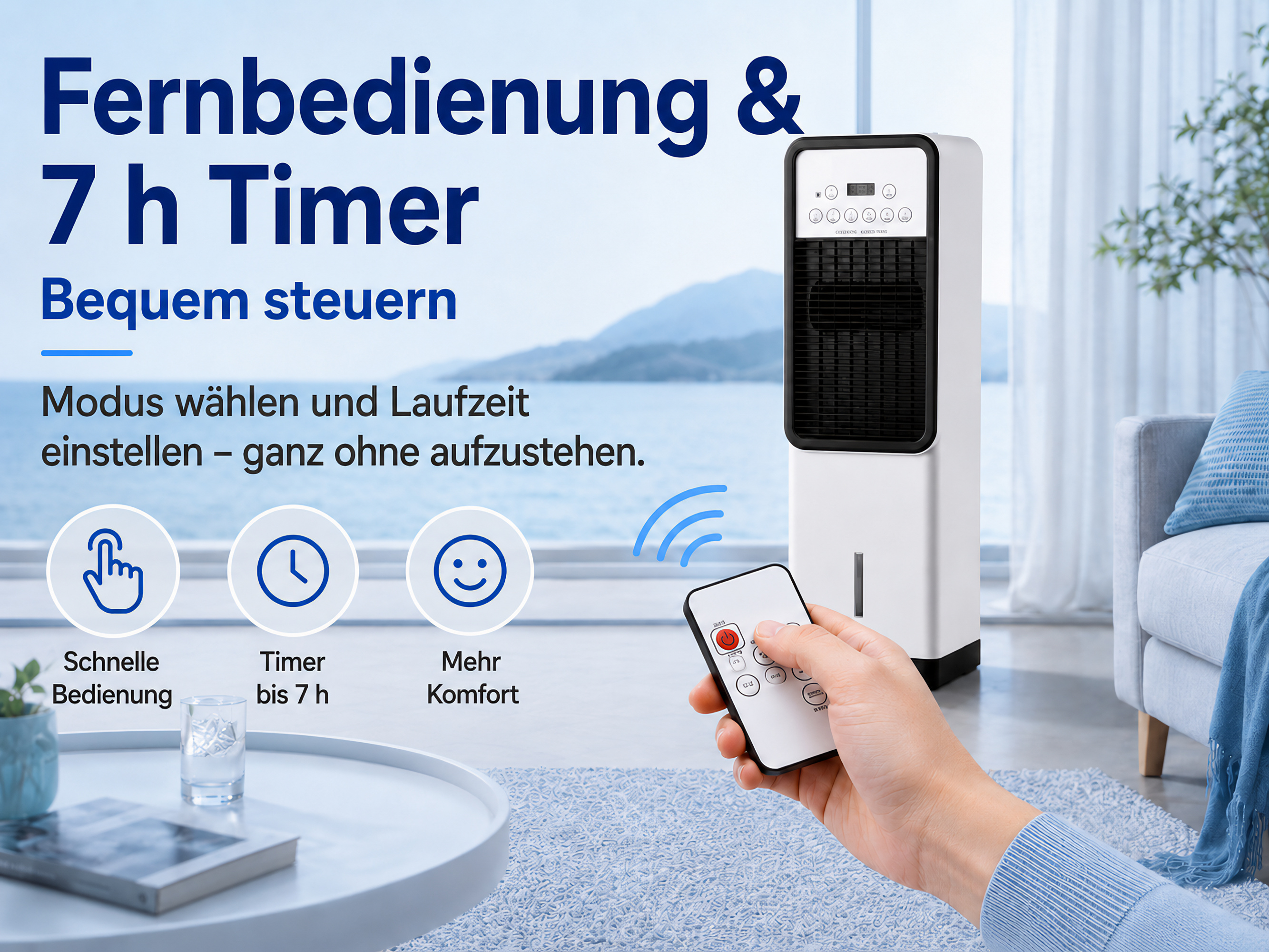 Ein weißer Luftkühler mit Fernbedienung und Timer-Funktion im Wohnzimmer.