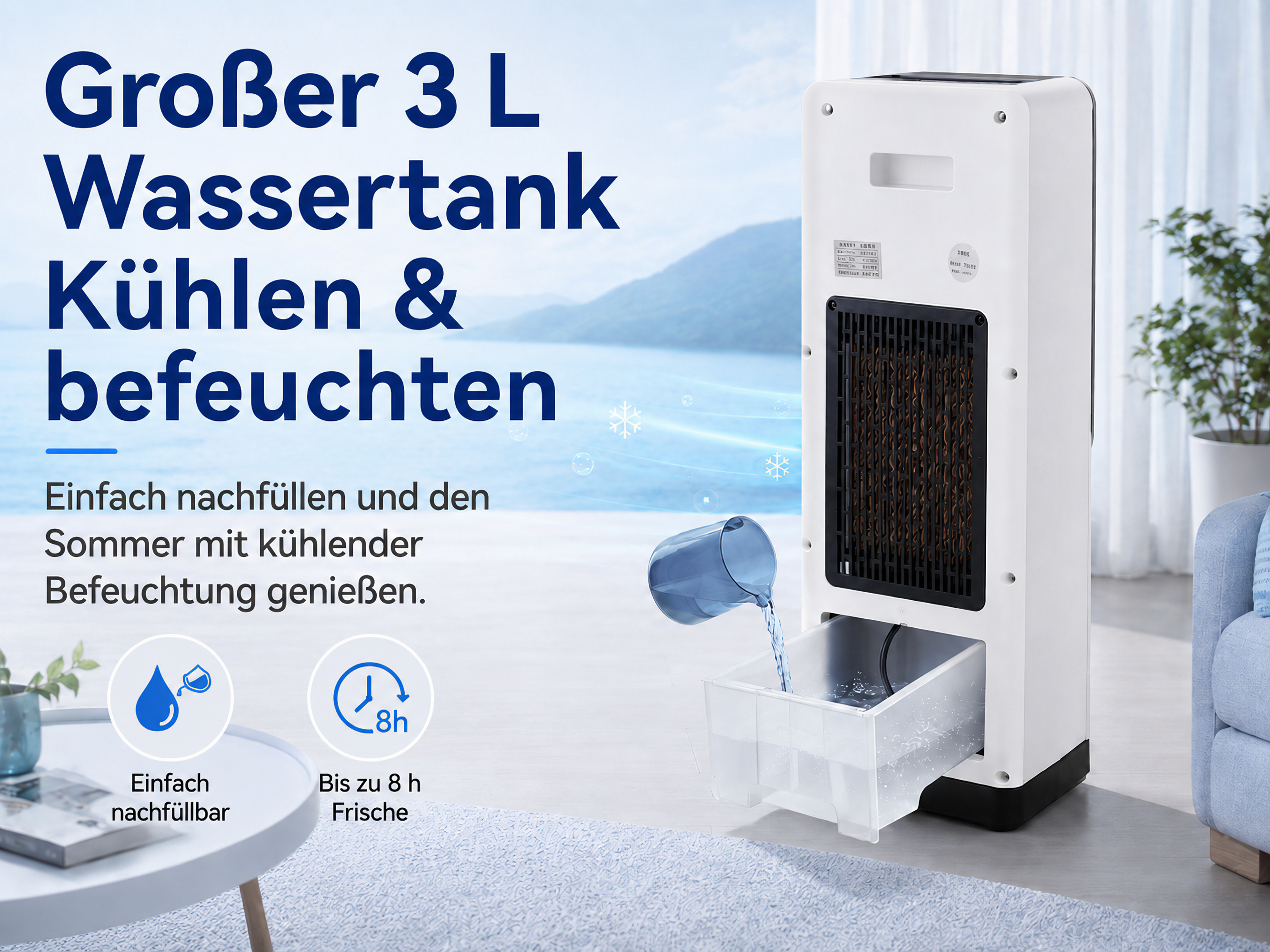 Luftkühler mit 3L Wassertank, wird mit Wasser befüllt. Links ein Tisch.