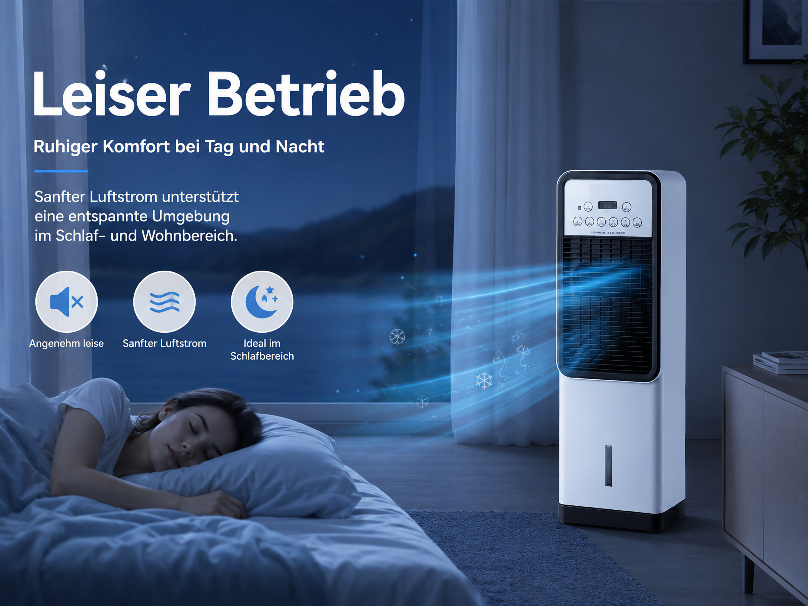 Eine Frau schläft im Bett, ein leiser Luftkühler bläst kühle Luft.
