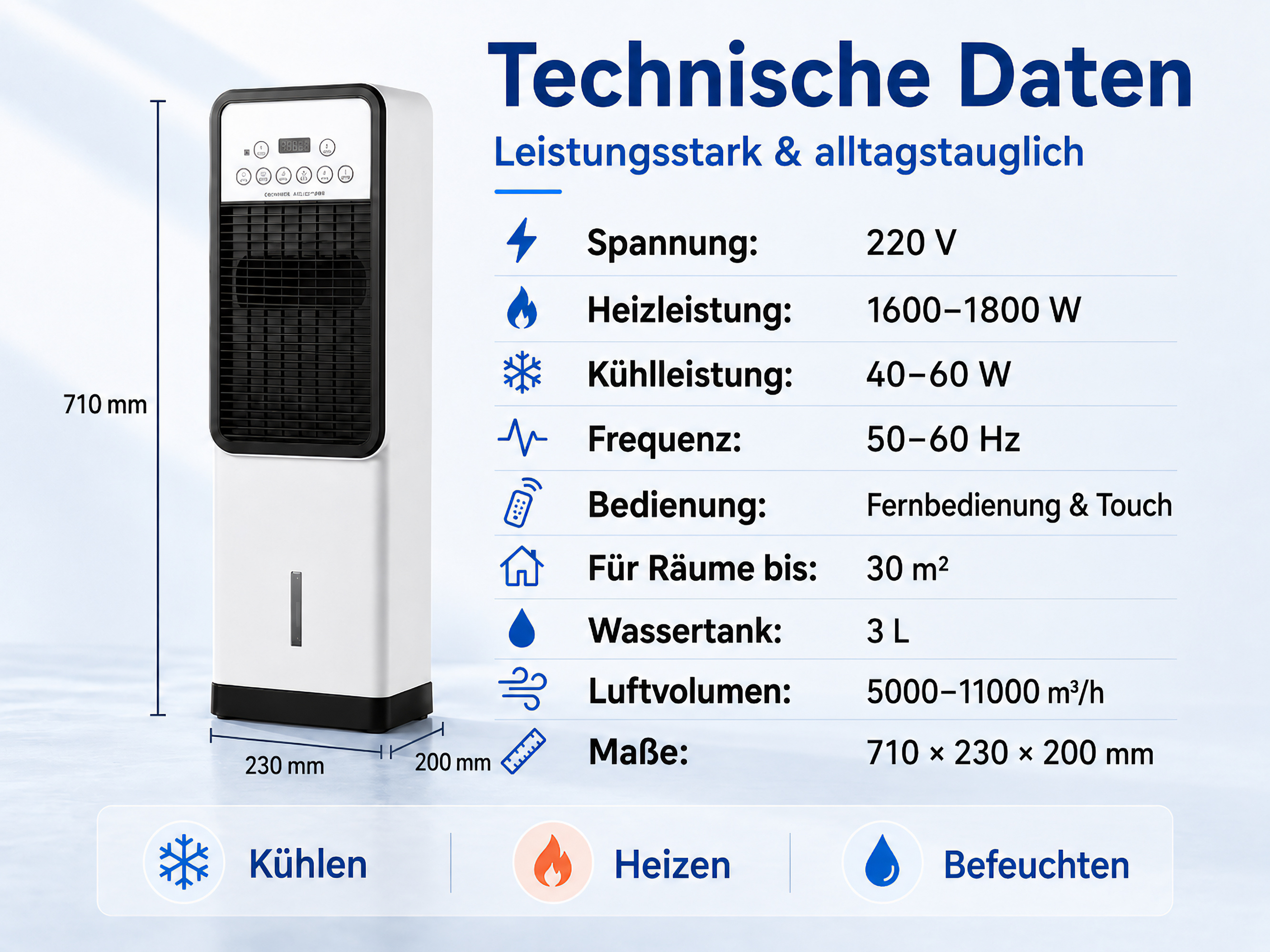 Ein weißer Luftkühler mit technischen Daten und Maßen: 710x230x200mm.