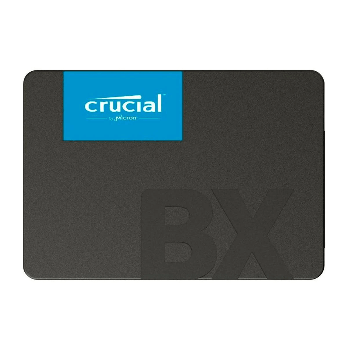 SSD nera con logo Crucial blu e stampa BX.