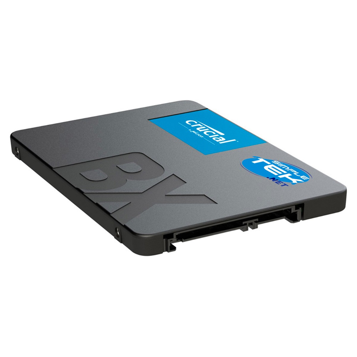 SSD grigia con logo Crucial blu e BX in rilievo.