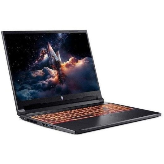 Un portátil negro con teclado naranja brillante y fondo de pantalla espacial.