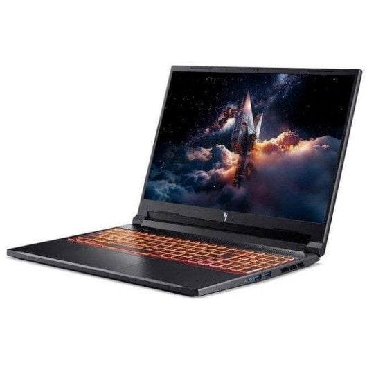 Portátil negro con teclado retroiluminado naranja muestra escena espacial con cohete.