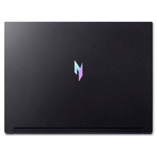 Portátil negro con un logo colorido en el centro.
