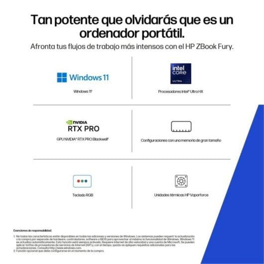 Especificaciones HP ZBook Fury: Windows 11, Intel Ultra HX, GPU RTX PRO, gran memoria, teclado RGB, refrigeración Vaporforce.