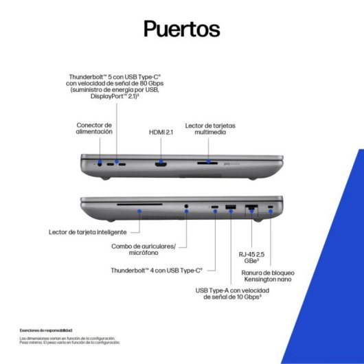 Puertos del portátil: alimentación, Thunderbolt 5, HDMI 2.1, lector tarjetas, combo audio, Thunderbolt 4, USB-A.
