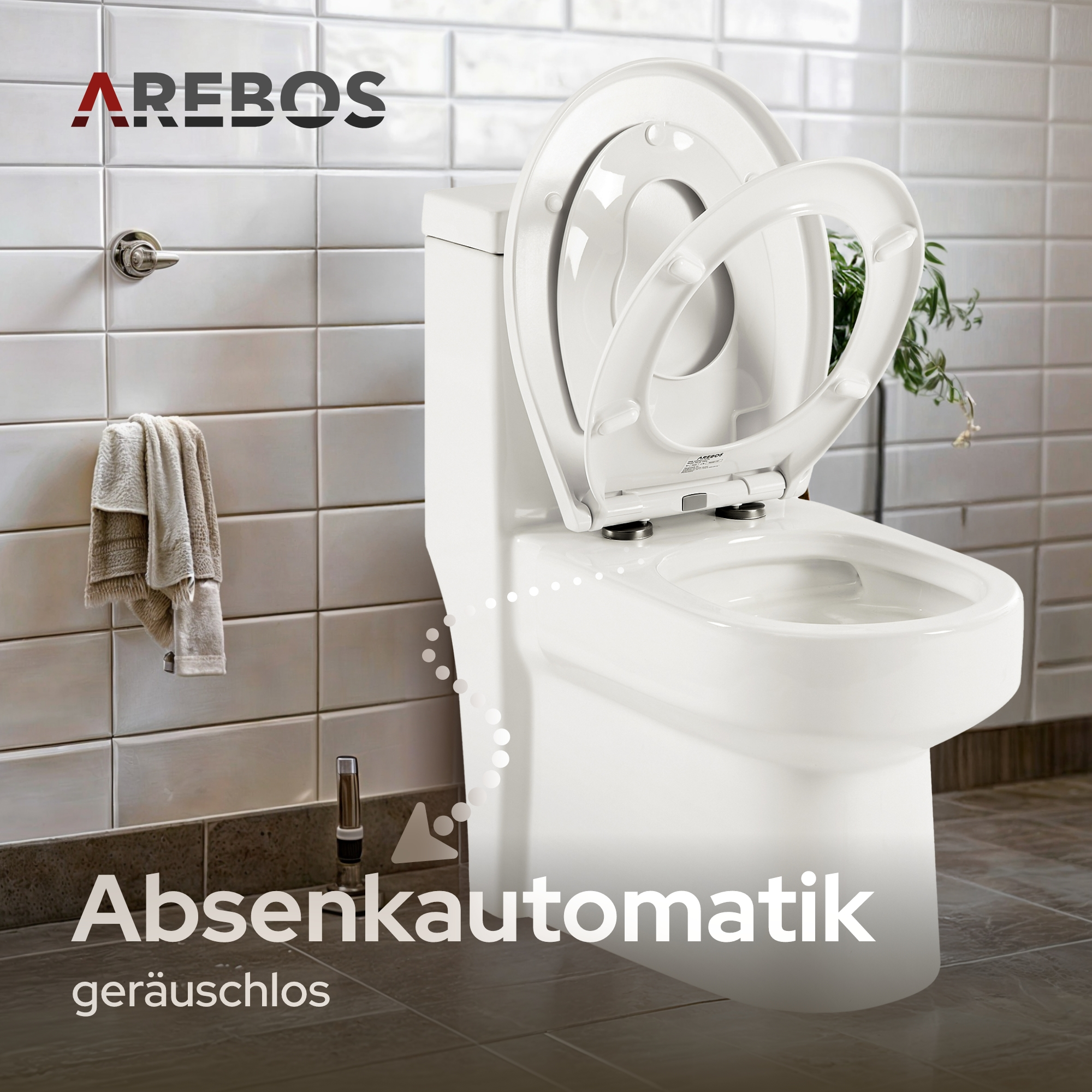 Ein weißes WC mit geöffnetem Deckel steht auf gefliestem Boden.
