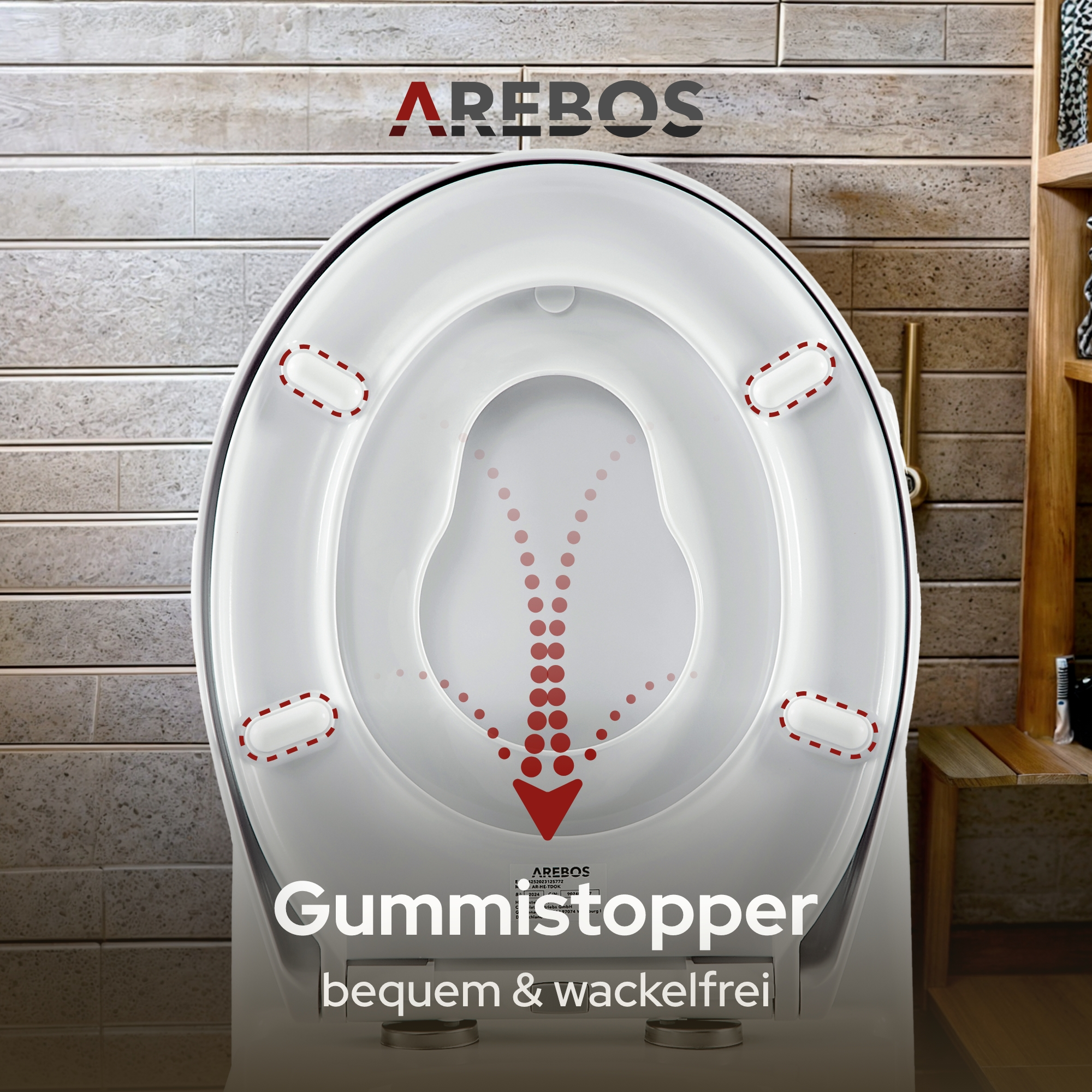 Weiße Toilettensitz-Oberseite mit roten Gummistopper-Markierungen und Pfeilen.