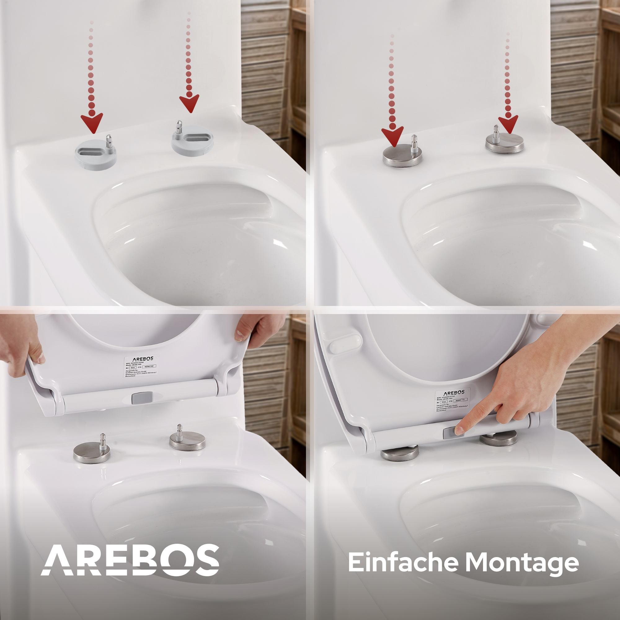 Anleitung zur Montage eines Toilettensitzes in vier Schritten.