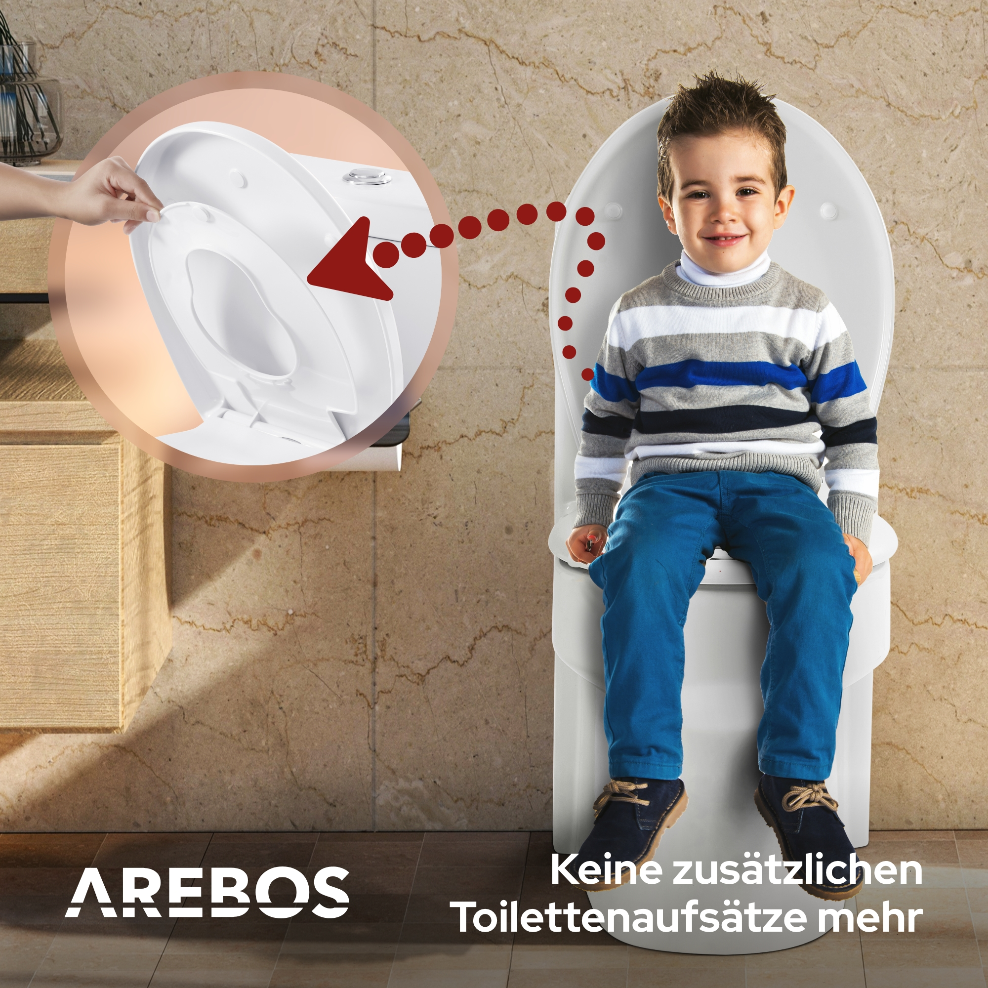 Ein Junge sitzt auf einer Toilette, eine Hand öffnet den Deckel.